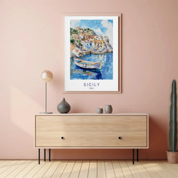 Sicily's Charming Coastline in Watercolor Travel Poster PosterGoat