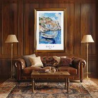 Sicily's Charming Coastline in Watercolor Travel Poster PosterGoat