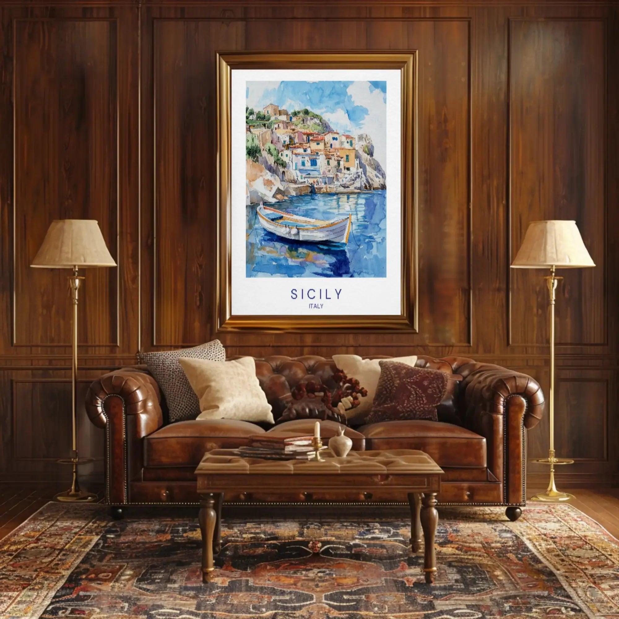 Sicily's Charming Coastline in Watercolor Travel Poster PosterGoat