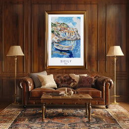 Sicily's Charming Coastline in Watercolor Travel Poster PosterGoat