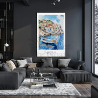Sicily's Charming Coastline in Watercolor Travel Poster PosterGoat
