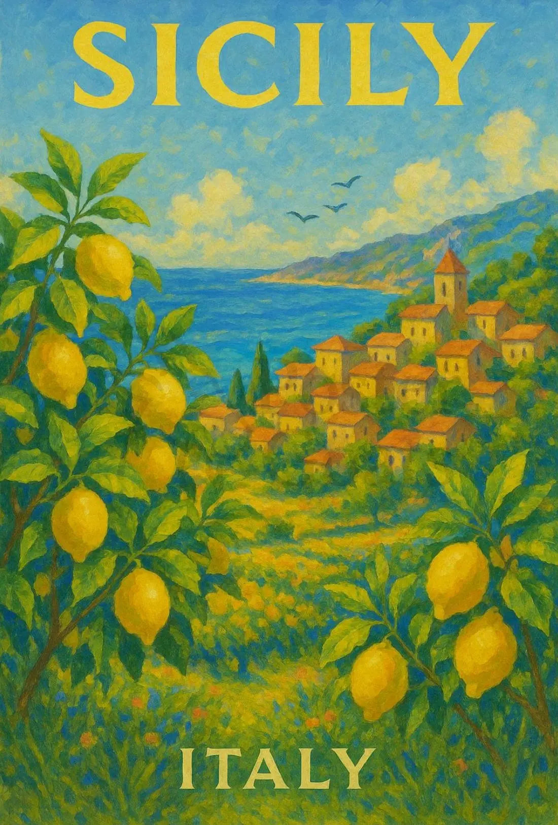 Sicily's Vibrant Landscape Travel Poster PosterGoat