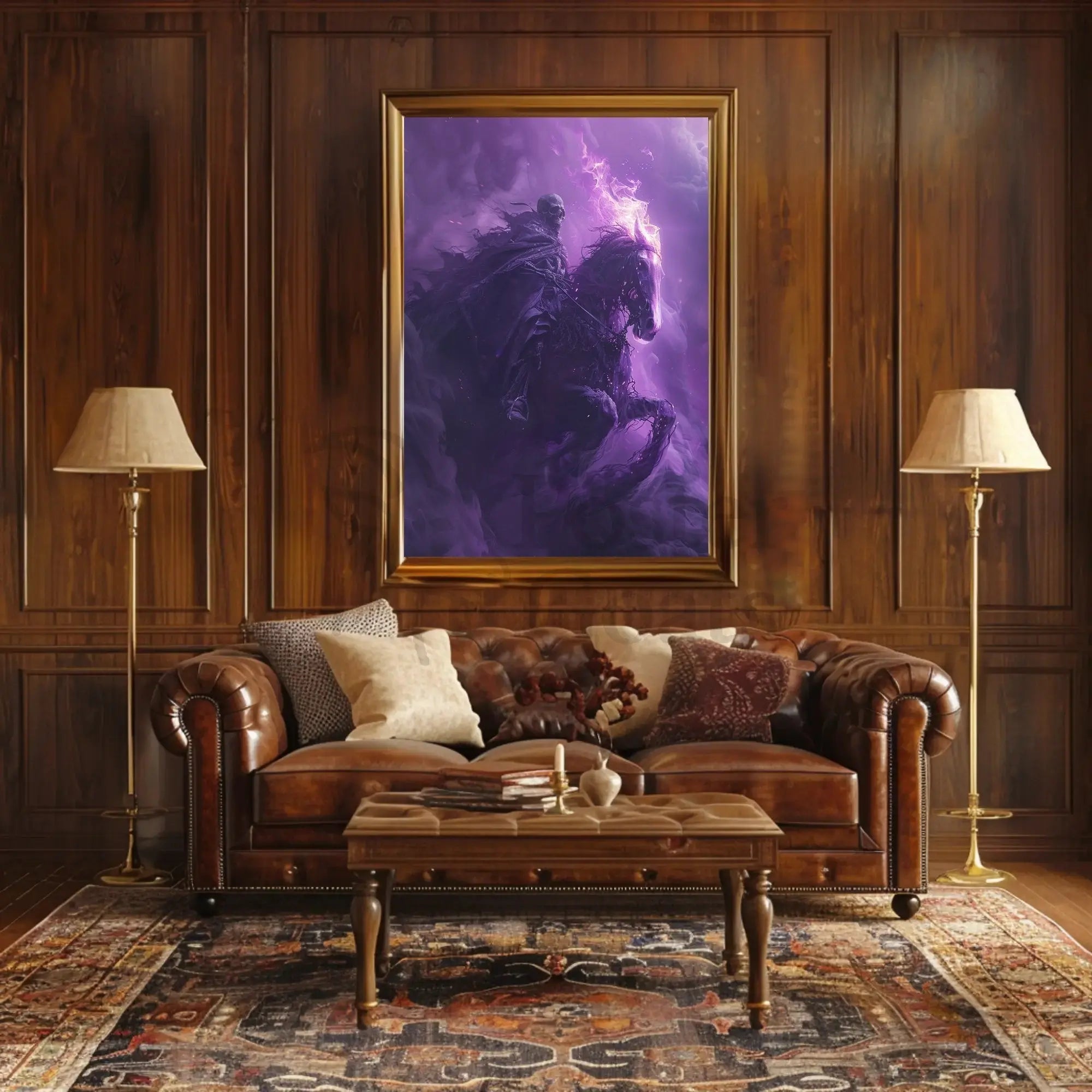 Skeletal Rider on Fiery Horse Fantasy Illustration Poster PosterGoat