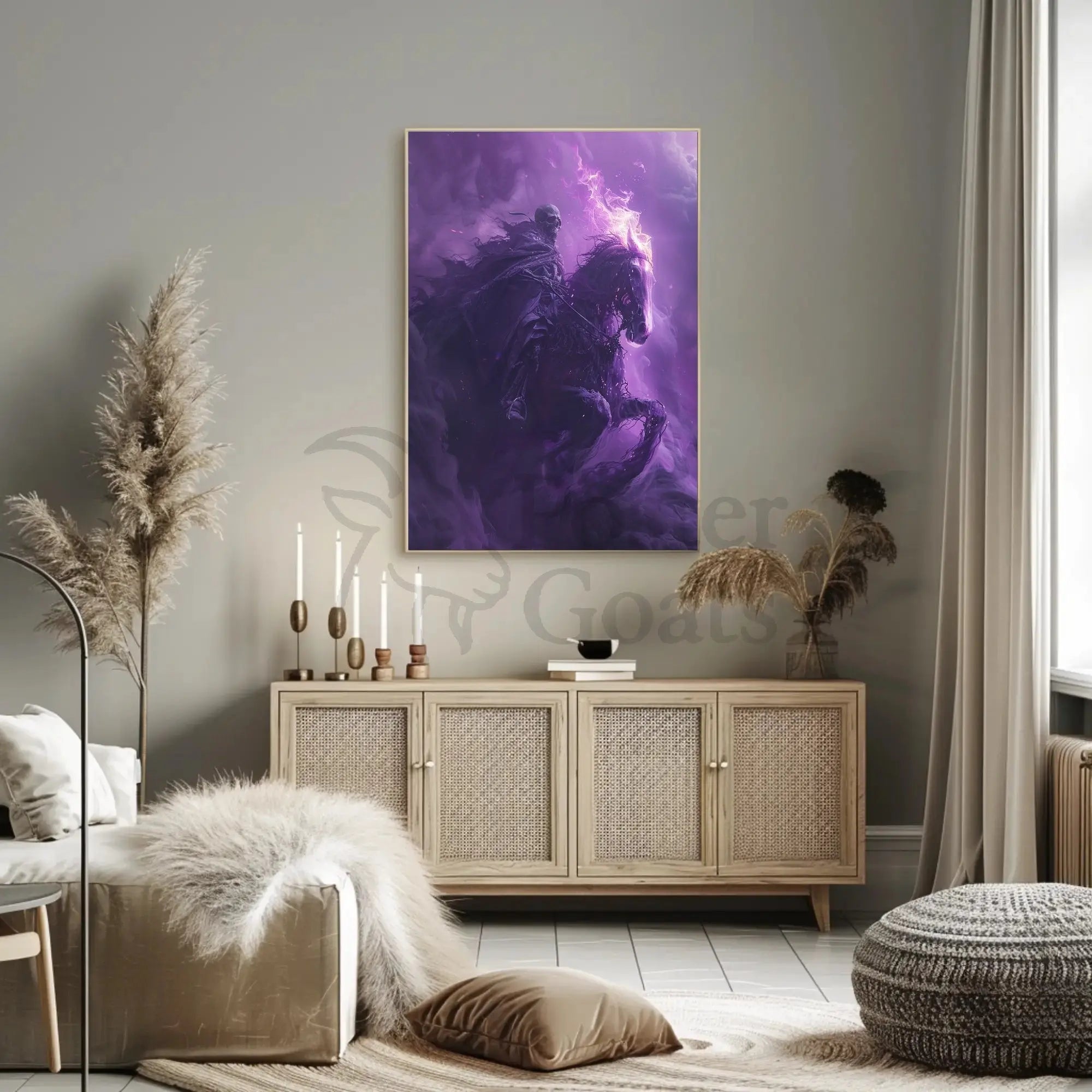 Skeletal Rider on Fiery Horse Fantasy Illustration Poster PosterGoat