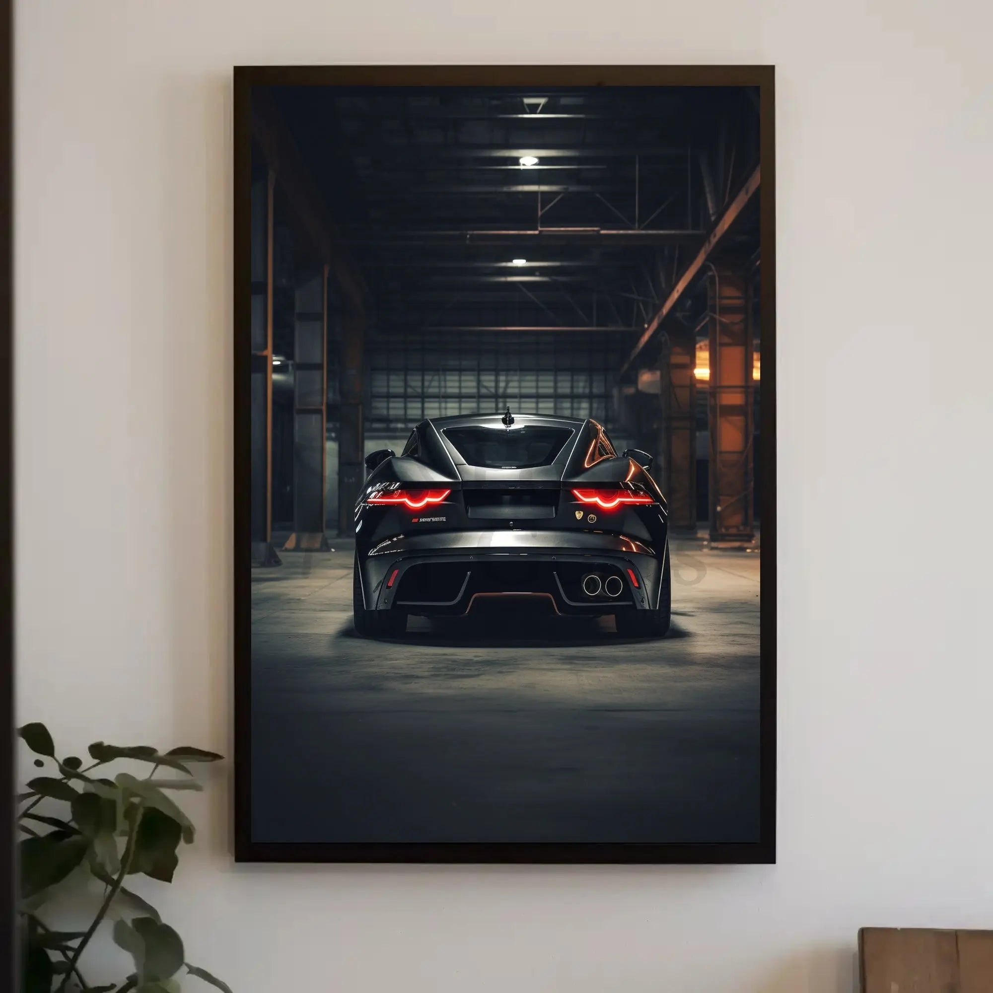 Sleek Modern Sports Car in Industrial Warehouse Poster PosterGoat