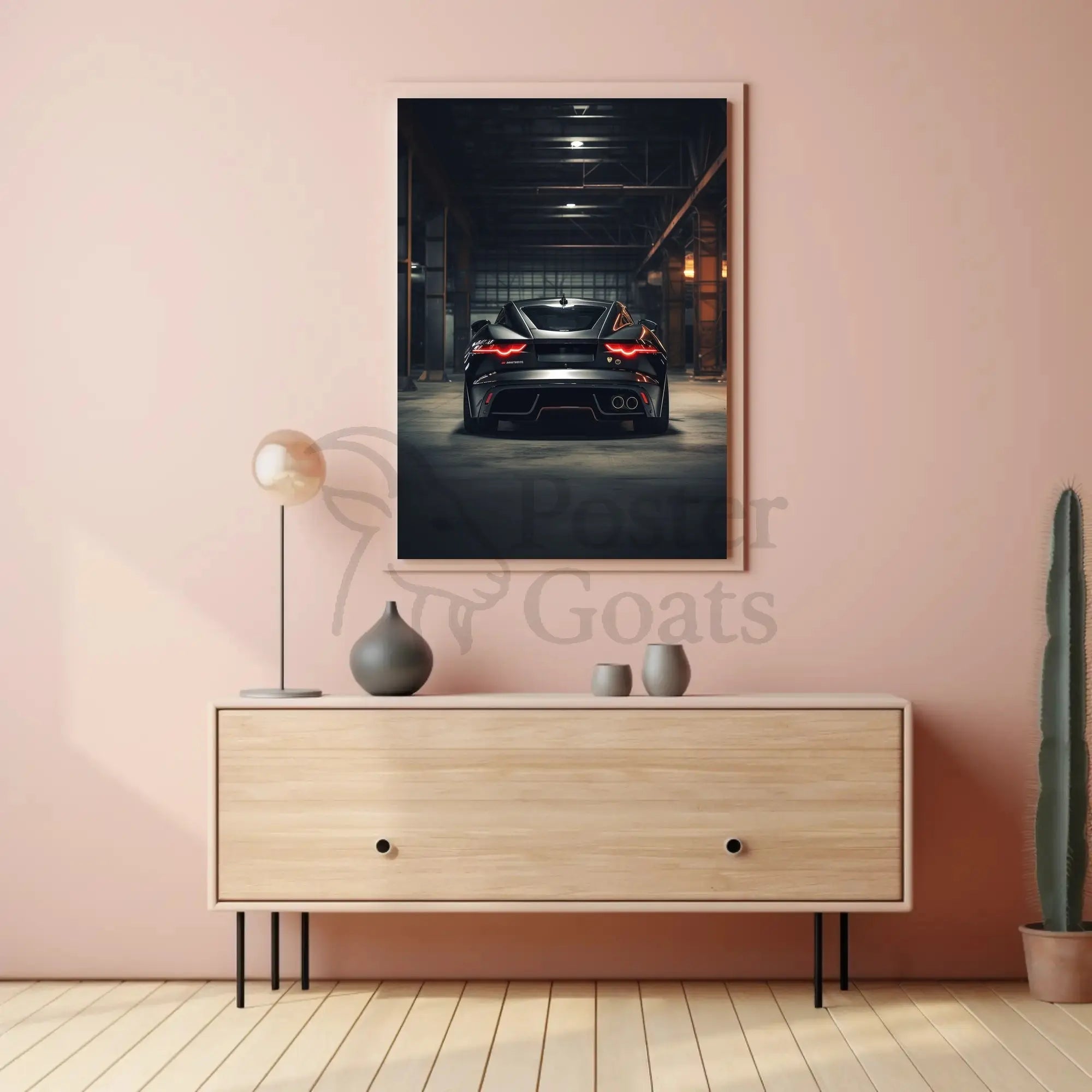 Sleek Modern Sports Car in Industrial Warehouse Poster PosterGoat