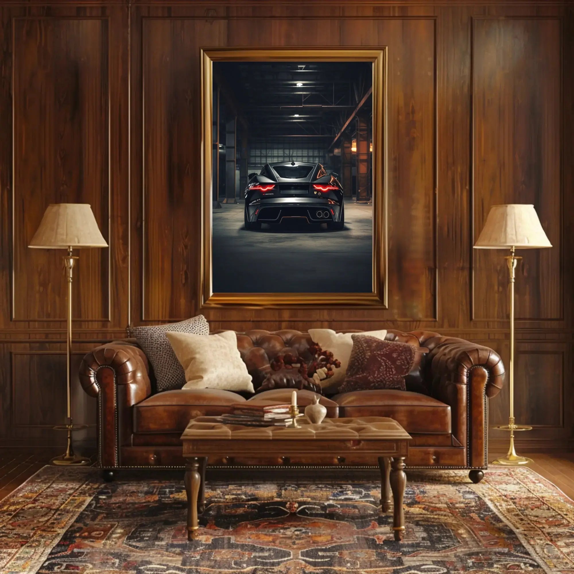 Sleek Modern Sports Car in Industrial Warehouse Poster PosterGoat