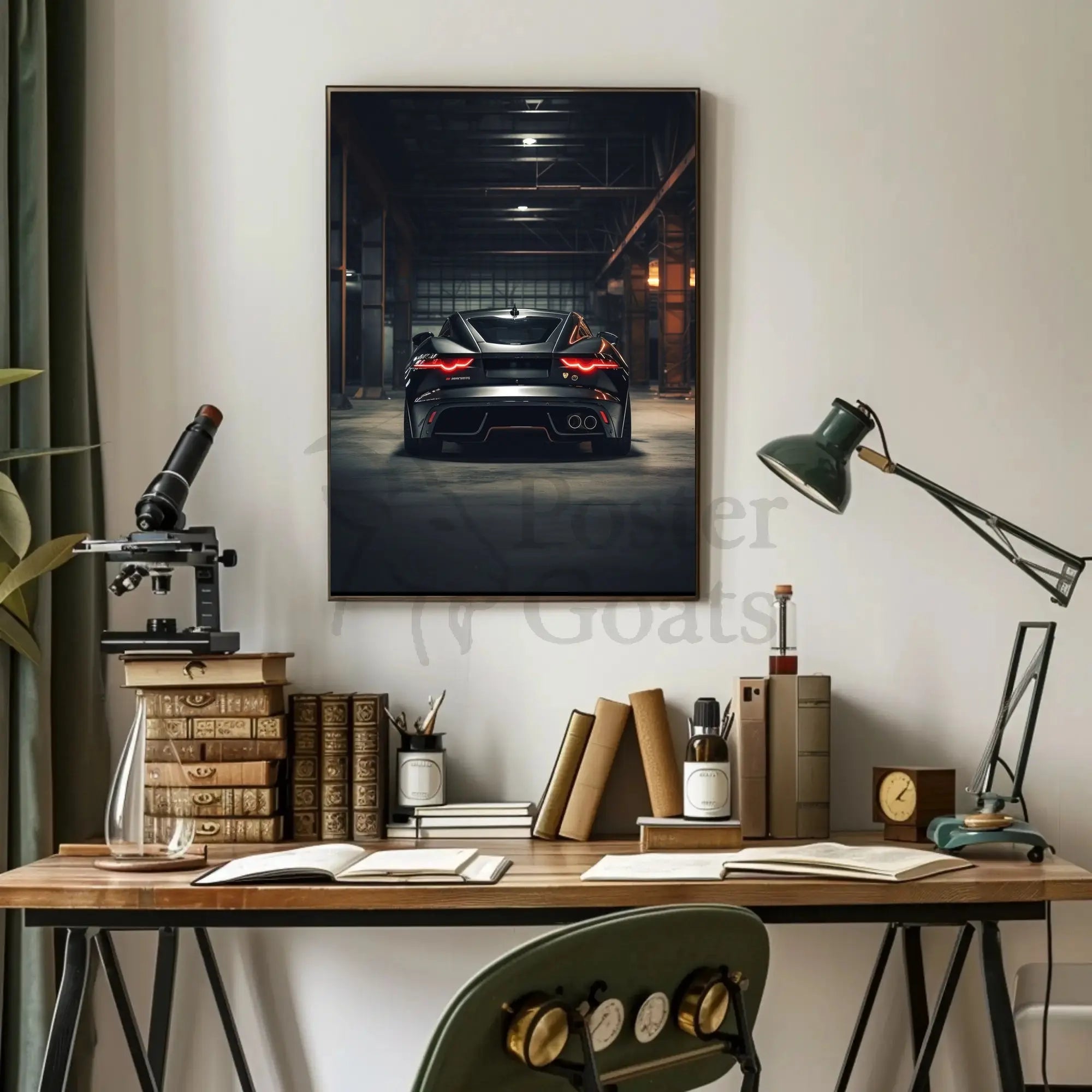 Sleek Modern Sports Car in Industrial Warehouse Poster PosterGoat