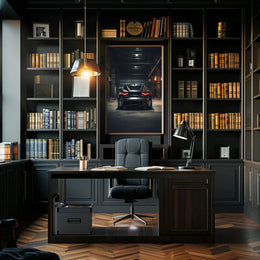 Sleek Modern Sports Car in Industrial Warehouse Poster PosterGoat
