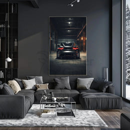 Sleek Modern Sports Car in Industrial Warehouse Poster PosterGoat