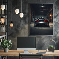 Sleek Modern Sports Car in Industrial Warehouse Poster PosterGoat