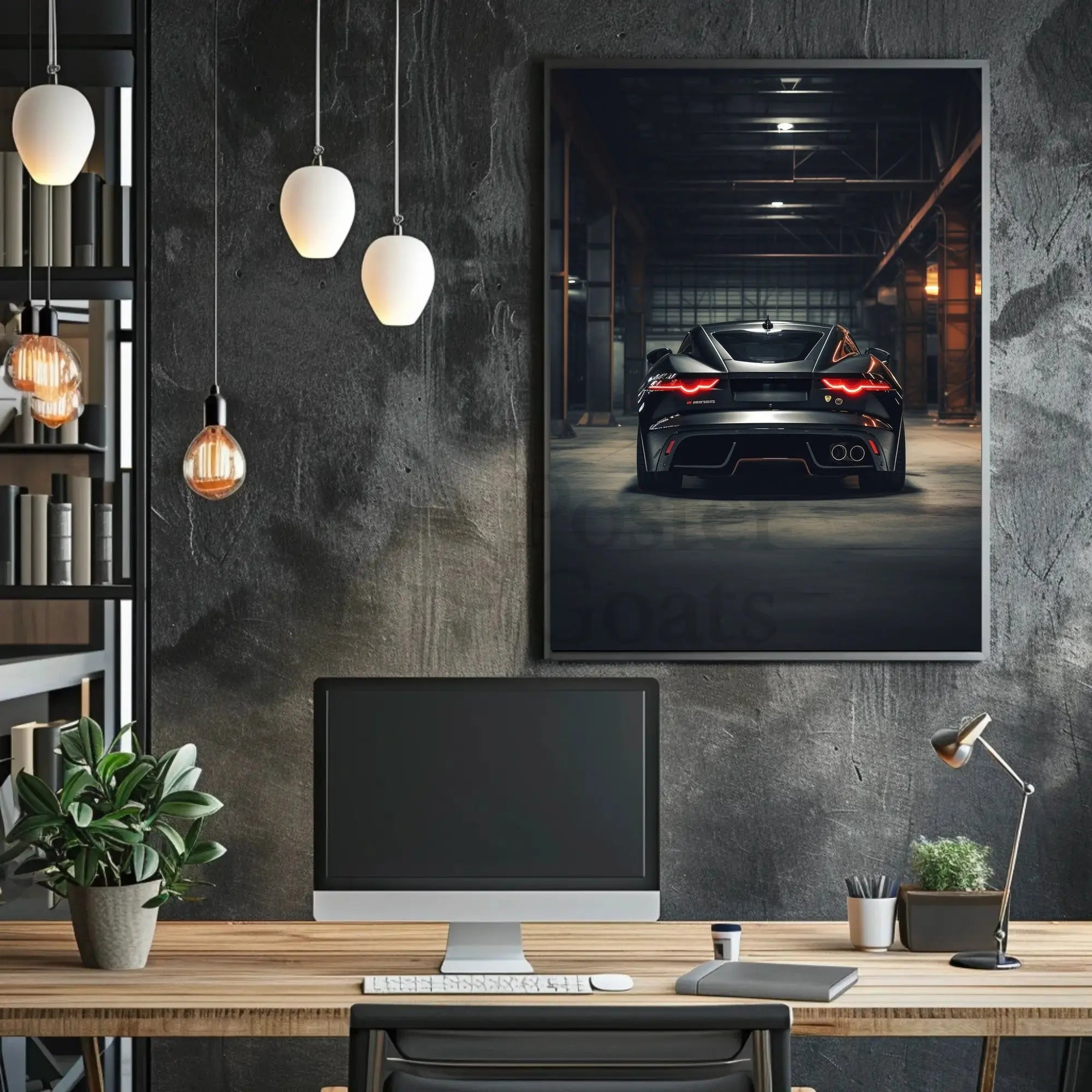 Sleek Modern Sports Car in Industrial Warehouse Poster PosterGoat