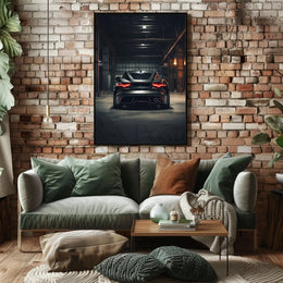Sleek Modern Sports Car in Industrial Warehouse Poster PosterGoat