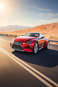 Sleek Red Sports Car Desert Highway Travel Poster PosterGoat