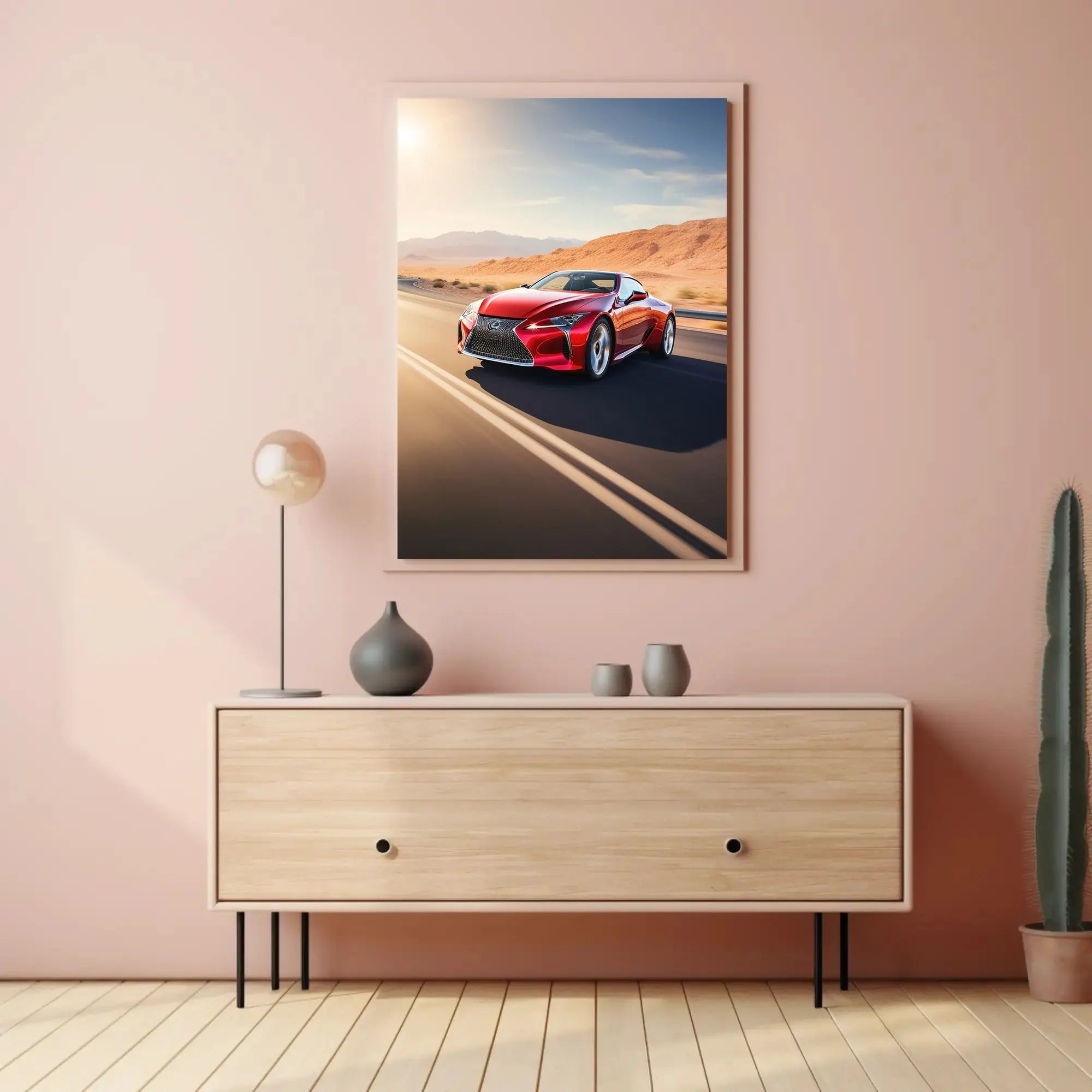 Sleek Red Sports Car Desert Highway Travel Poster PosterGoat