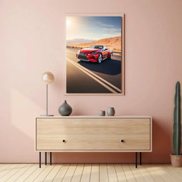 Sleek Red Sports Car Desert Highway Travel Poster PosterGoat