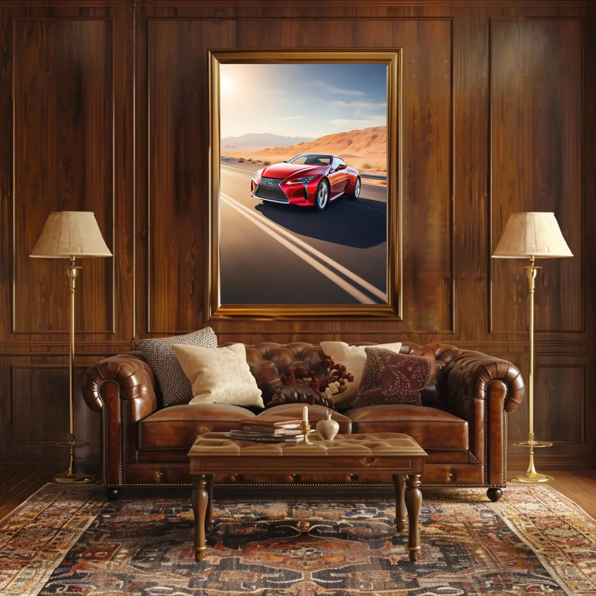 Sleek Red Sports Car Desert Highway Travel Poster PosterGoat