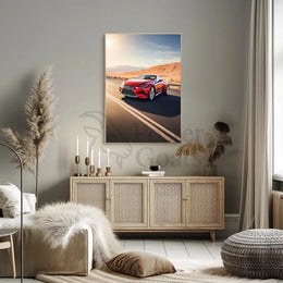 Sleek Red Sports Car Desert Highway Travel Poster PosterGoat
