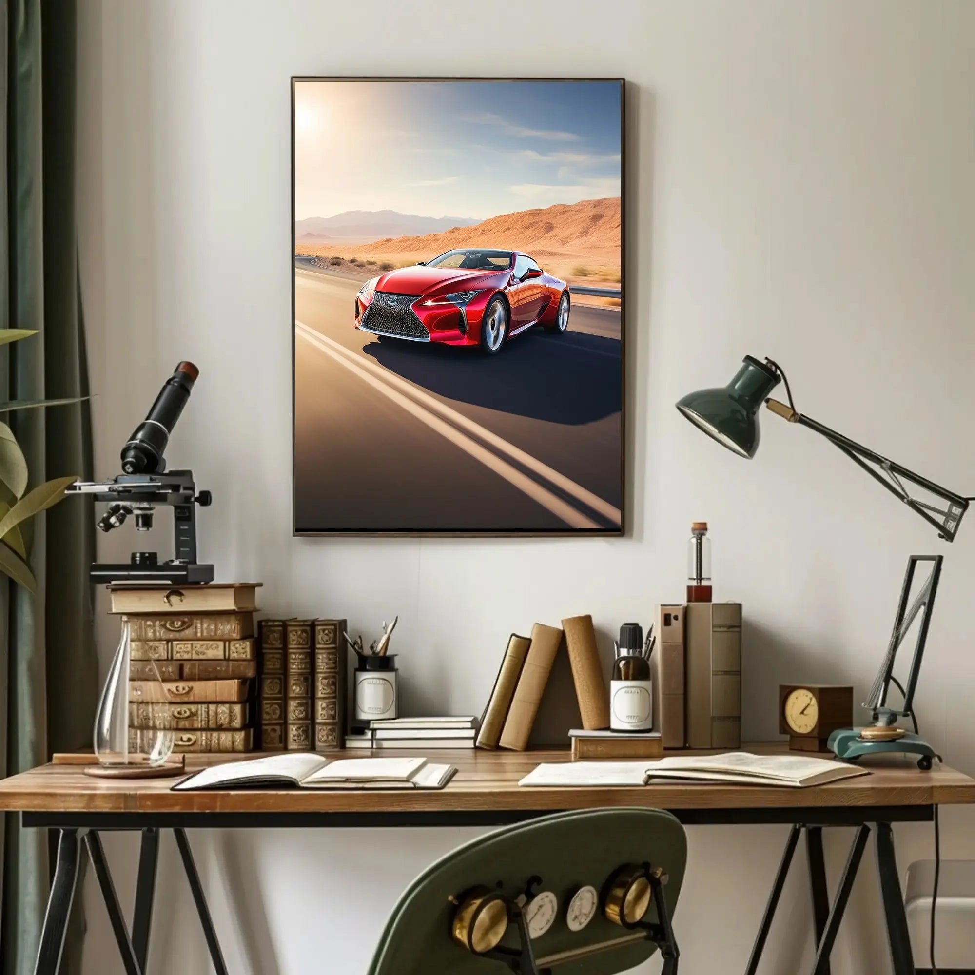 Sleek Red Sports Car Desert Highway Travel Poster PosterGoat