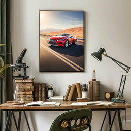 Sleek Red Sports Car Desert Highway Travel Poster PosterGoat