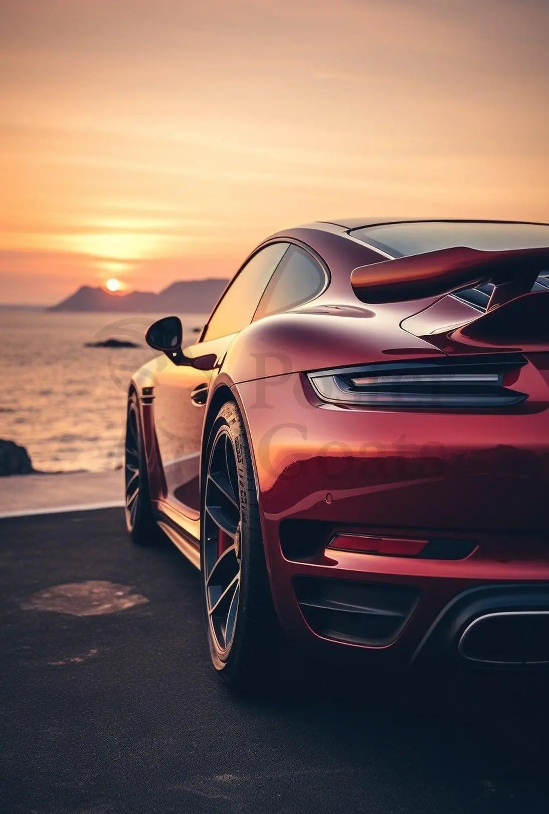 Sleek Red Sports Car Sunset Scene Artistic Poster PosterGoat