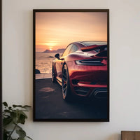Sleek Red Sports Car Sunset Scene Artistic Poster PosterGoat