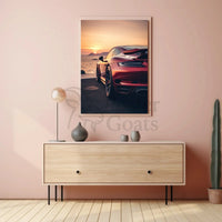 Sleek Red Sports Car Sunset Scene Artistic Poster PosterGoat
