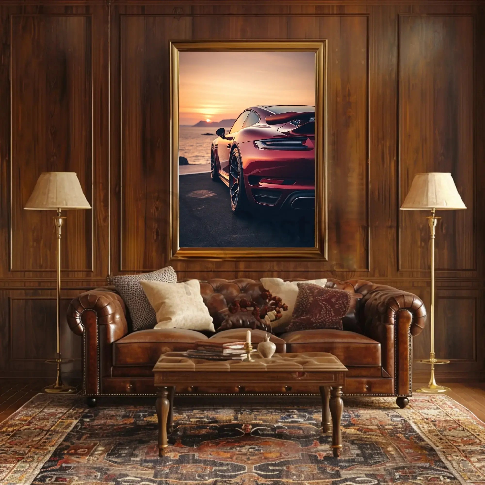 Sleek Red Sports Car Sunset Scene Artistic Poster PosterGoat