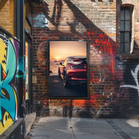 Sleek Red Sports Car Sunset Scene Artistic Poster PosterGoat