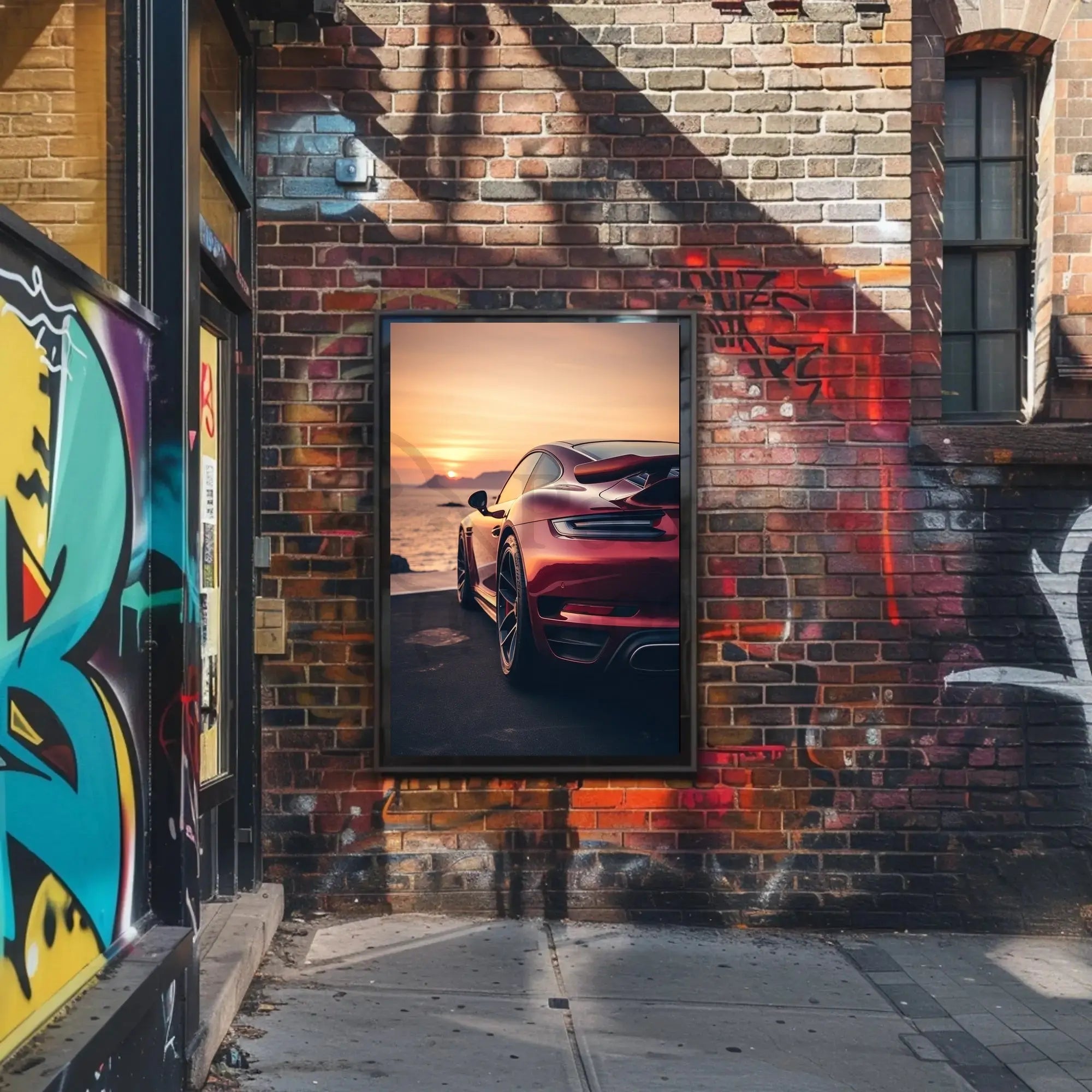 Sleek Red Sports Car Sunset Scene Artistic Poster PosterGoat