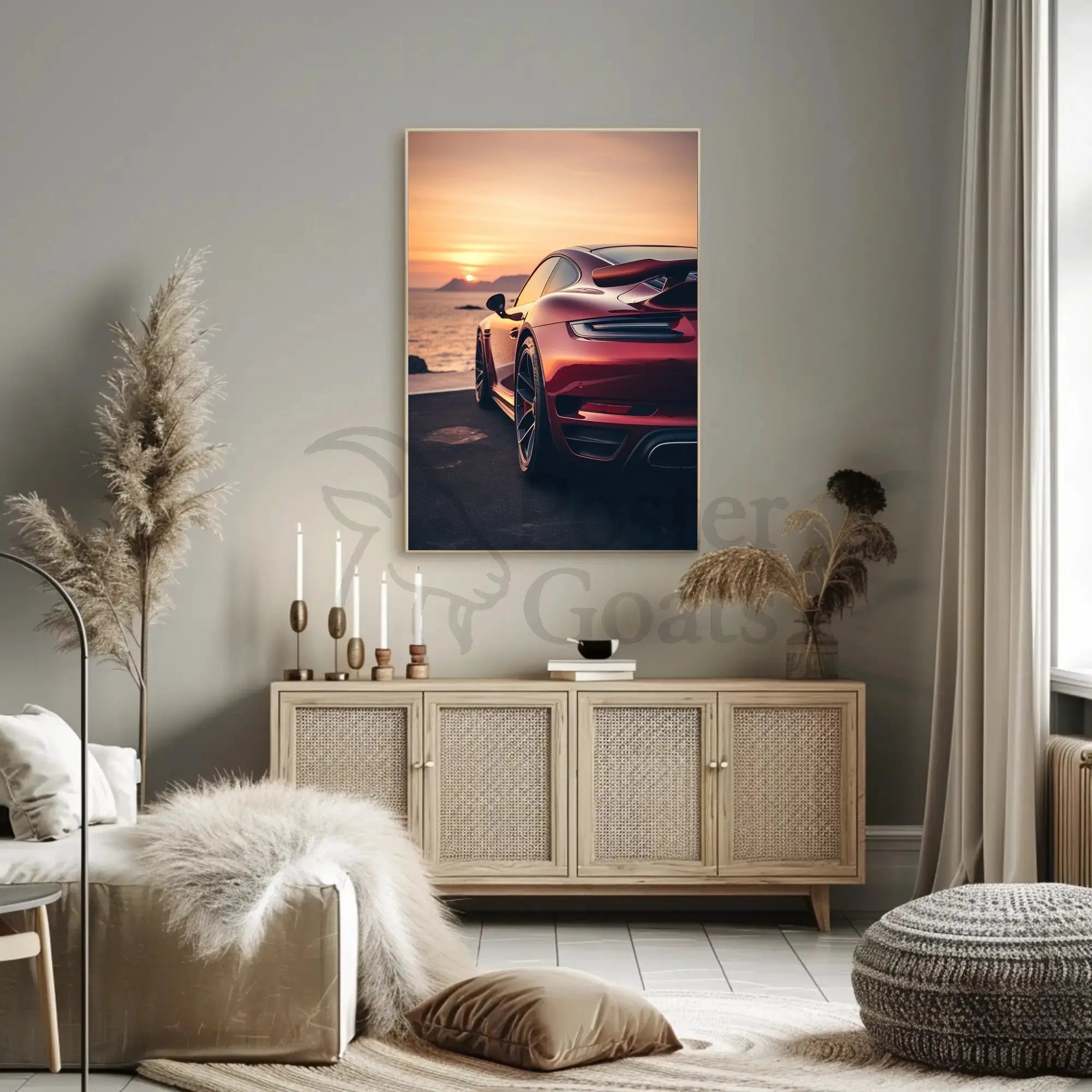 Sleek Red Sports Car Sunset Scene Artistic Poster PosterGoat