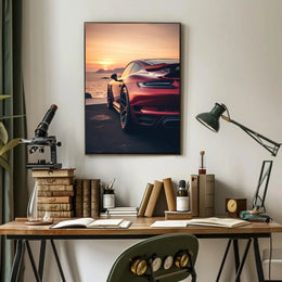 Sleek Red Sports Car Sunset Scene Artistic Poster PosterGoat