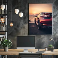 Sleek Red Sports Car Sunset Scene Artistic Poster PosterGoat