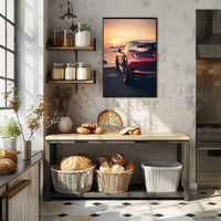 Sleek Red Sports Car Sunset Scene Artistic Poster PosterGoat