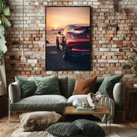 Sleek Red Sports Car Sunset Scene Artistic Poster PosterGoat