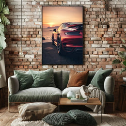 Sleek Red Sports Car Sunset Scene Artistic Poster PosterGoat