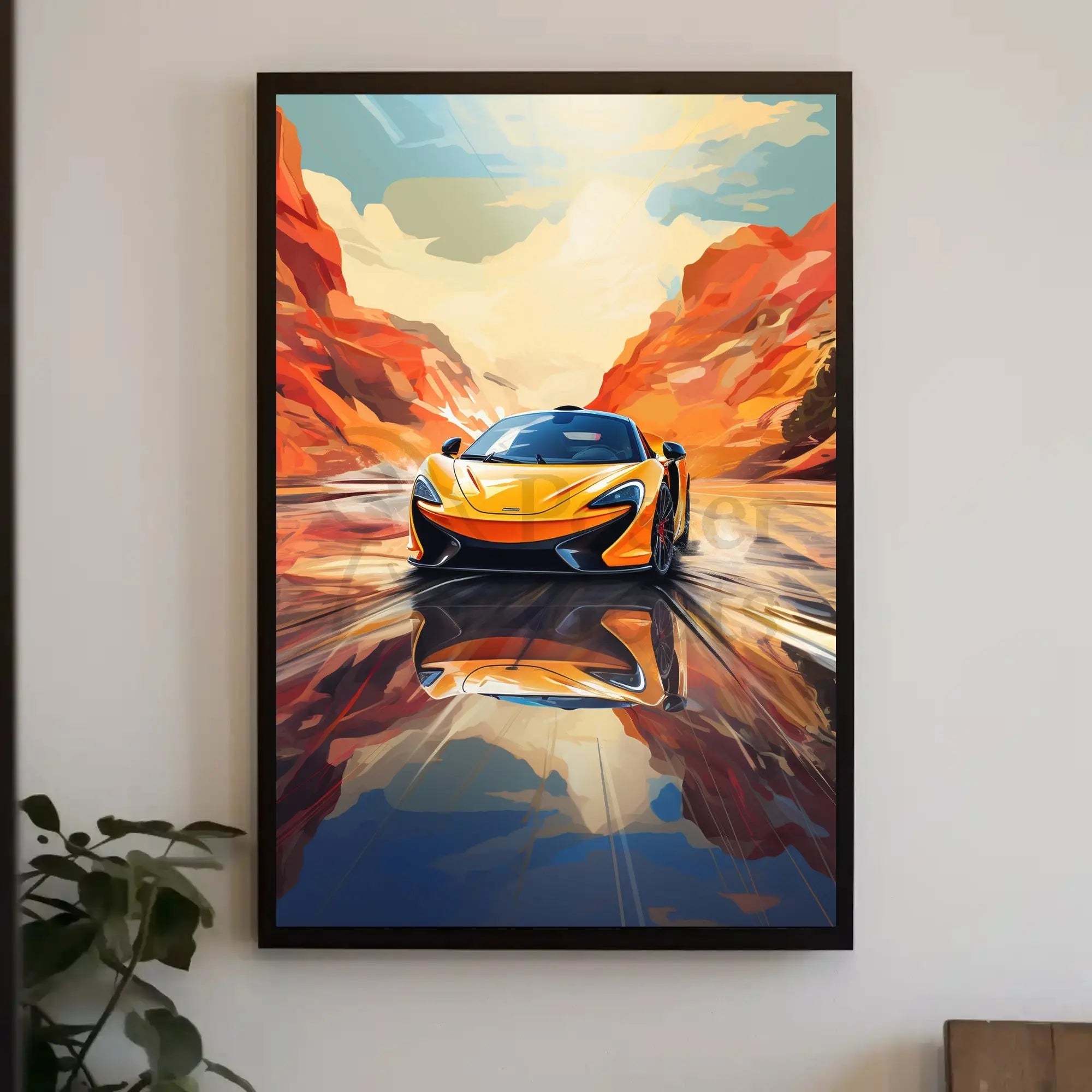 Sleek Sports Car Adventure in Desert Canyon Artistic Poster PosterGoat