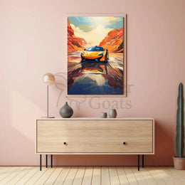 Sleek Sports Car Adventure in Desert Canyon Artistic Poster PosterGoat