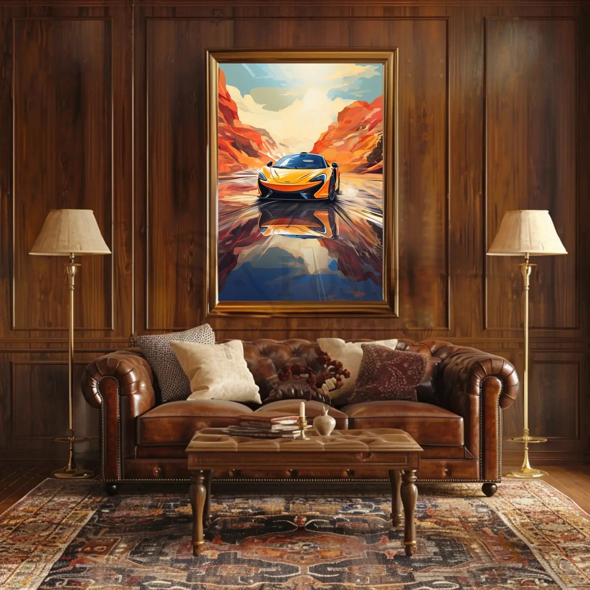 Sleek Sports Car Adventure in Desert Canyon Artistic Poster PosterGoat