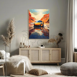 Sleek Sports Car Adventure in Desert Canyon Artistic Poster PosterGoat