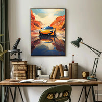 Sleek Sports Car Adventure in Desert Canyon Artistic Poster PosterGoat