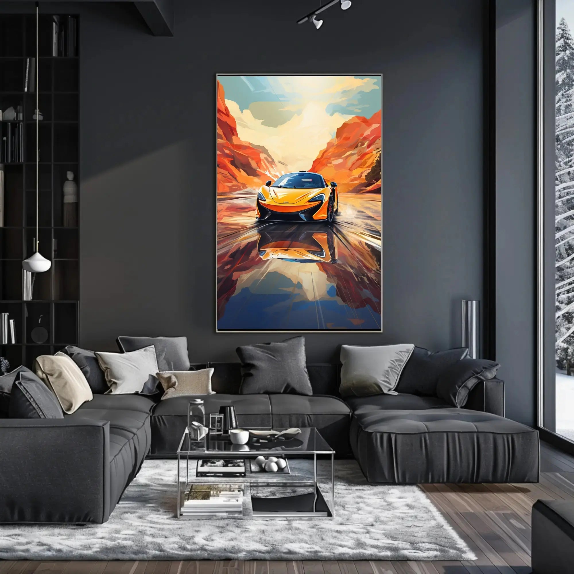 Sleek Sports Car Adventure in Desert Canyon Artistic Poster PosterGoat