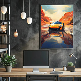 Sleek Sports Car Adventure in Desert Canyon Artistic Poster PosterGoat