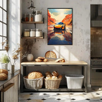Sleek Sports Car Adventure in Desert Canyon Artistic Poster PosterGoat