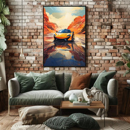 Sleek Sports Car Adventure in Desert Canyon Artistic Poster PosterGoat