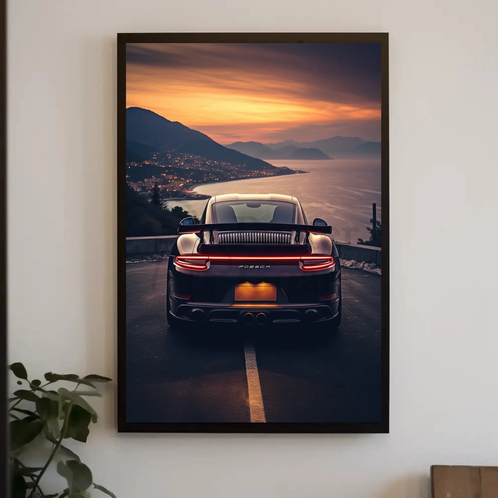 Sleek Sports Car Coastal Road Adventure Artistic Poster PosterGoat