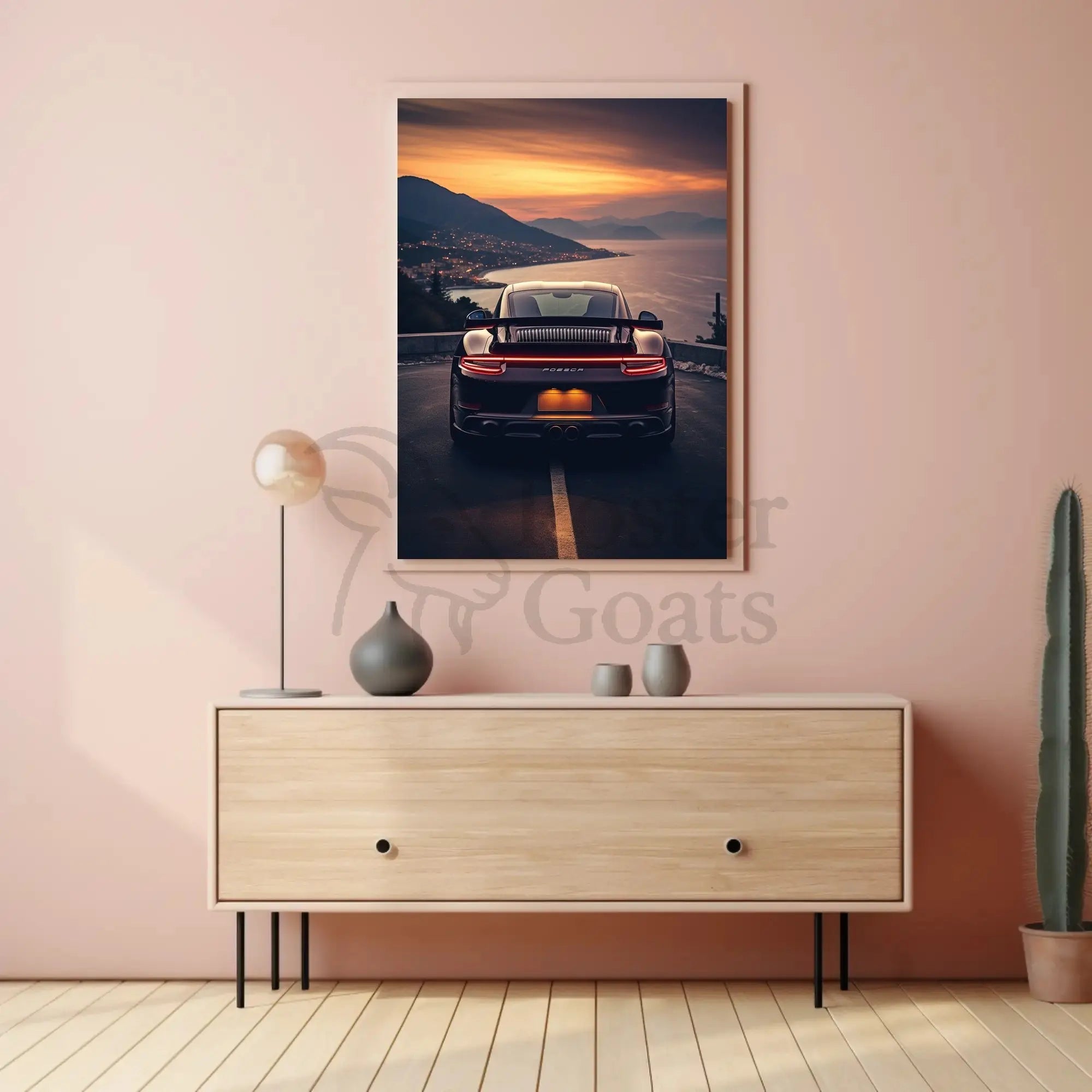 Sleek Sports Car Coastal Road Adventure Artistic Poster PosterGoat