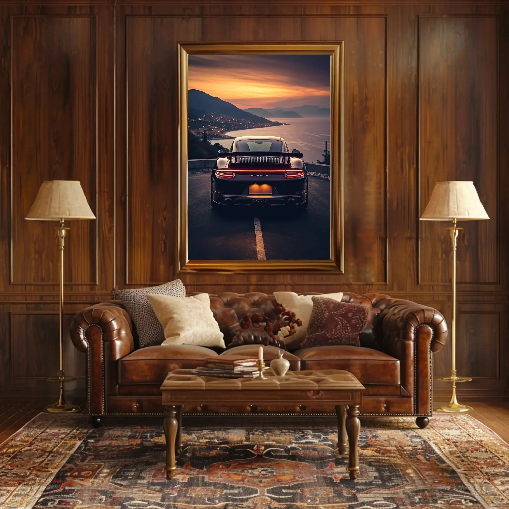 Sleek Sports Car Coastal Road Adventure Artistic Poster PosterGoat