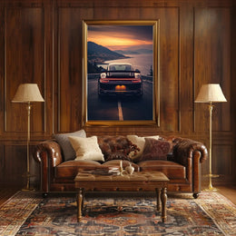Sleek Sports Car Coastal Road Adventure Artistic Poster PosterGoat