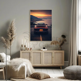 Sleek Sports Car Coastal Road Adventure Artistic Poster PosterGoat